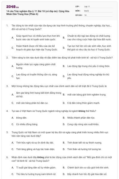 14 câu  Trắc nghiệm Địa Lí 11 Bài 10 (có đáp án): Cộng Hòa Nhân Dân Trung Hoa (Phần 6)