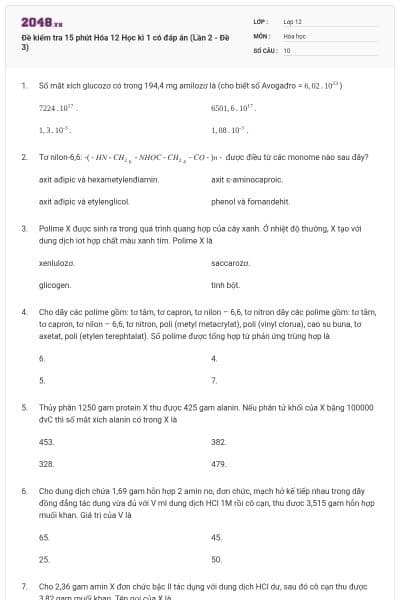 Đề kiểm tra 15 phút Hóa 12 Học kì 1 có đáp án (Lần 2 - Đề 3)