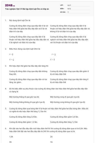 Trắc nghiệm Vật lí 9 Bài tập định luật Ôm có đáp án