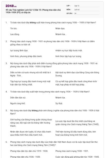 49 câu Trắc nghiệm Lịch Sử 12 Bài 15: Phong trào dân chủ 1936-1939 (P2) có đáp án