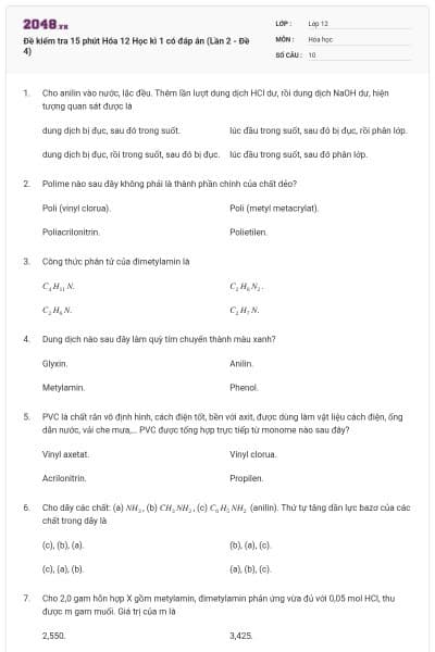 Đề kiểm tra 15 phút Hóa 12 Học kì 1 có đáp án (Lần 2 - Đề 4)