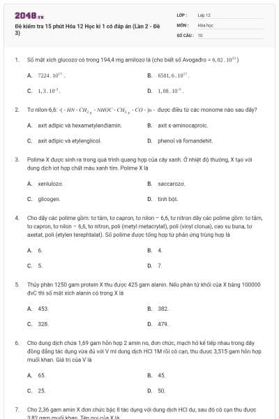Đề kiểm tra 15 phút Hóa 12 Học kì 1 có đáp án (Lần 2 - Đề 3)