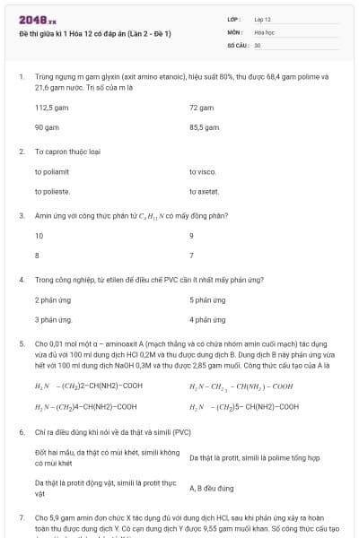 Đề thi giữa kì 1 Hóa 12 có đáp án (Lần 2 - Đề 1)