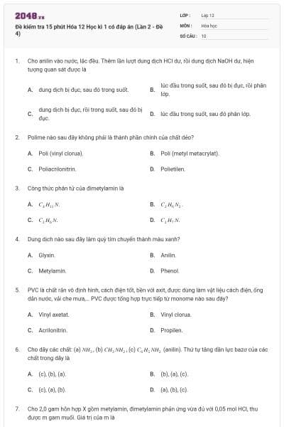 Đề kiểm tra 15 phút Hóa 12 Học kì 1 có đáp án (Lần 2 - Đề 4)