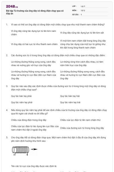 Bài tập Từ trường của ống dây có dòng điện chạy qua có đáp án