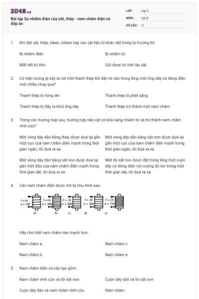 Bài tập Sự nhiễm điện của sắt, thép - nam châm điện có đáp án