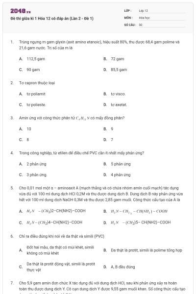 Đề thi giữa kì 1 Hóa 12 có đáp án (Lần 2 - Đề 1)