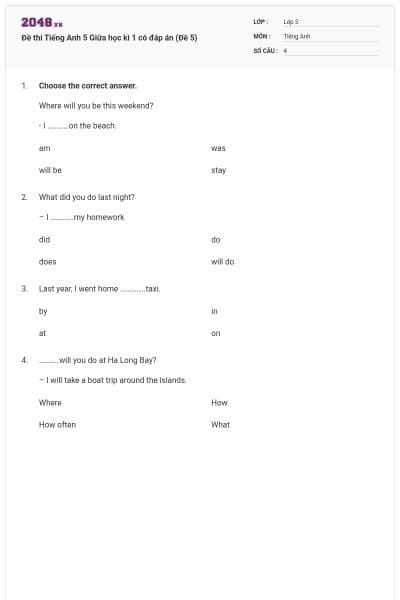 Đề thi Tiếng Anh 5 Giữa học kì 1 có đáp án (Đề 5)