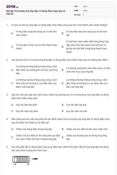 Bài tập Từ trường của ống dây có dòng điện chạy qua có đáp án