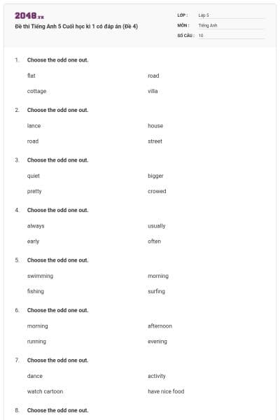 Đề thi Tiếng Anh 5 Cuối học kì 1 có đáp án (Đề 4)