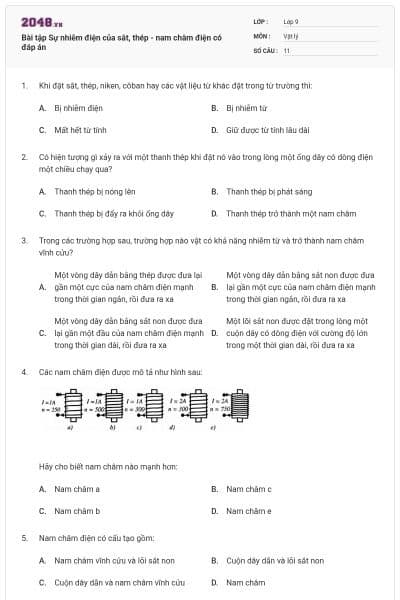 Bài tập Sự nhiễm điện của sắt, thép - nam châm điện có đáp án