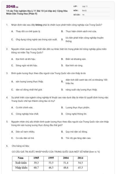 14 câu  Trắc nghiệm Địa Lí 11 Bài 10 (có đáp án): Cộng Hòa Nhân Dân Trung Hoa (Phần 9)