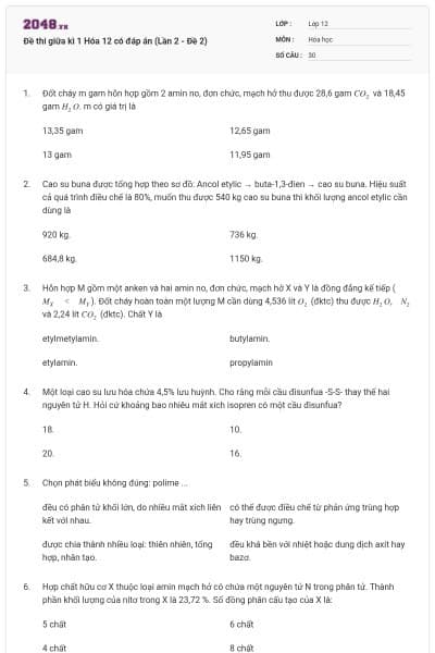 Đề thi giữa kì 1 Hóa 12 có đáp án (Lần 2 - Đề 2)