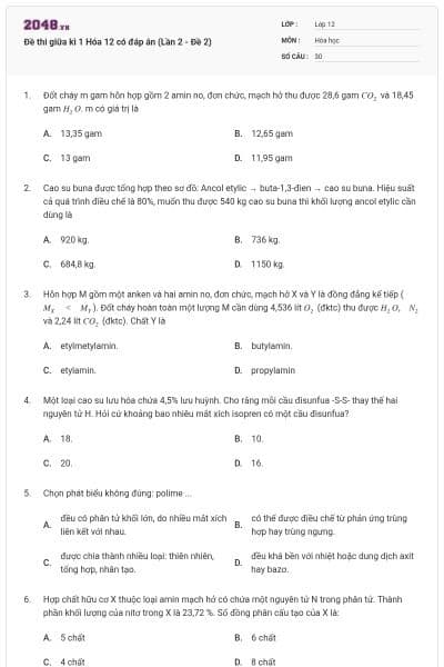 Đề thi giữa kì 1 Hóa 12 có đáp án (Lần 2 - Đề 2)