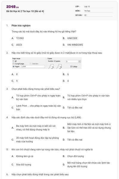 Đề thi Học kì 2 Tin học 10 (Đề số 4)