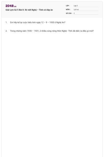 Giải Lịch Sử 5 Bài 8: Xô viết Nghệ – Tĩnh có đáp án