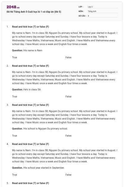 Đề thi Tiếng Anh 5 Cuối học kì 1 có đáp án (Đề 5)