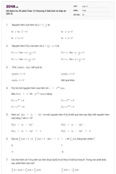 Đề kiểm tra 45 phút Toán 12 Chương 3 Giải tích có đáp án (Đề 3)