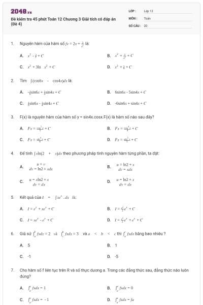Đề kiểm tra 45 phút Toán 12 Chương 3 Giải tích có đáp án (Đề 4)