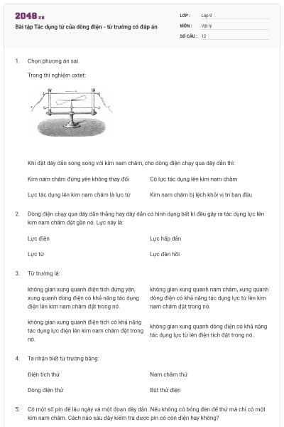 Bài tập Tác dụng từ của dòng điện - từ trường có đáp án