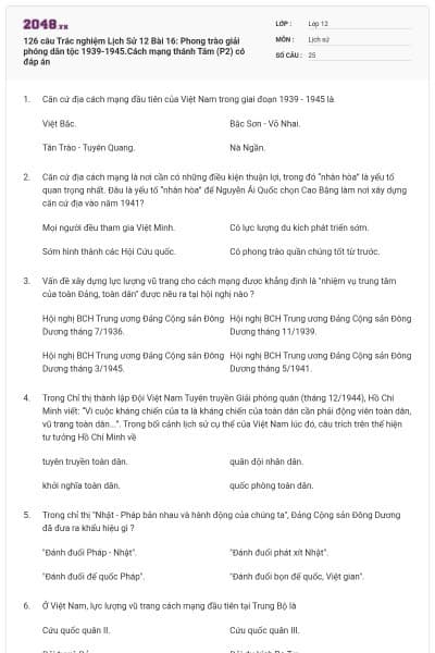 126 câu  Trắc nghiệm Lịch Sử 12 Bài 16: Phong trào giải phóng dân tộc 1939-1945.Cách mạng thánh Tám (P2) có đáp án