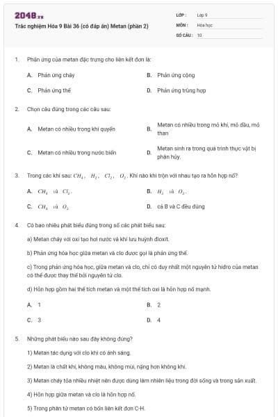 Trắc nghiệm Hóa 9 Bài 36 (có đáp án) Metan (phần 2)