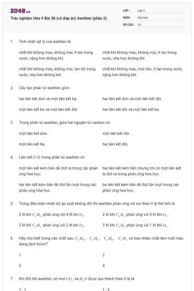 Trắc nghiệm Hóa 9 Bài 38 (có đáp án) Axetilen (phần 2)