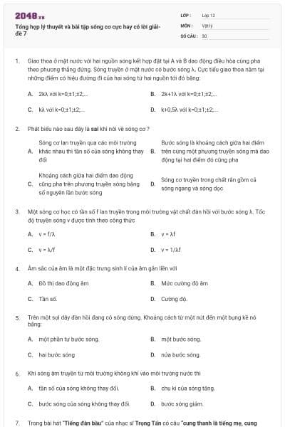 Tổng hợp lý thuyết và bài tập sóng cơ cực hay có lời giải- đề 7