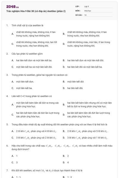 Trắc nghiệm Hóa 9 Bài 38 (có đáp án) Axetilen (phần 2)