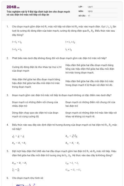 Trắc nghiệm vật lý 9 Bài tập định luật ôm cho đoạn mạch có các điện trở mắc nối tiếp có đáp án
