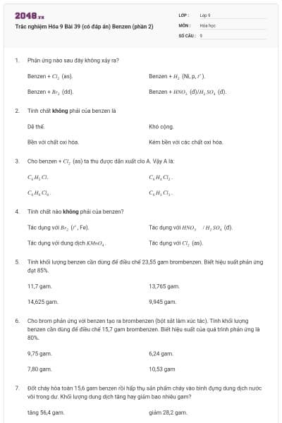 Trắc nghiệm Hóa 9 Bài 39 (có đáp án) Benzen (phần 2)