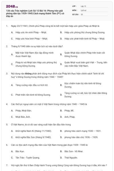 126 câu Trắc nghiệm Lịch Sử 12 Bài 16: Phong trào giải phóng dân tộc 1939-1945.Cách mạng thánh Tám (P1) có đáp án