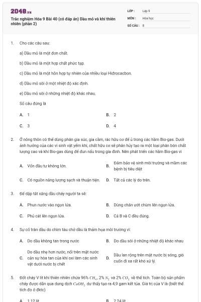 Trắc nghiệm Hóa 9 Bài 40 (có đáp án) Dầu mỏ và khí thiên nhiên (phần 2)