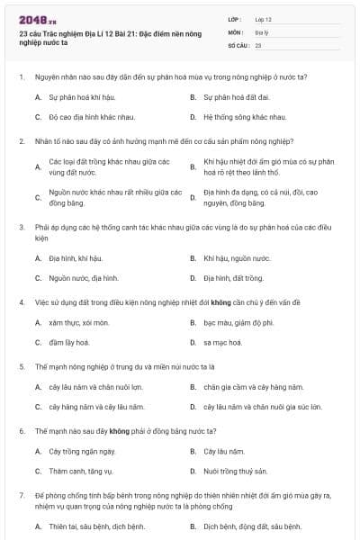 23 câu Trắc nghiệm Địa Lí 12 Bài 21: Đặc điểm nền nông nghiệp nước ta