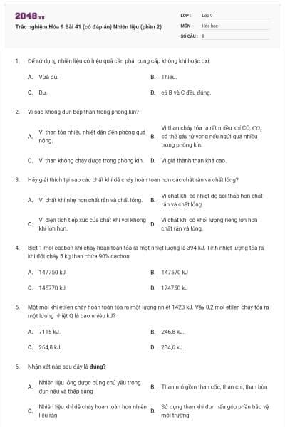 Trắc nghiệm Hóa 9 Bài 41 (có đáp án) Nhiên liệu (phần 2)