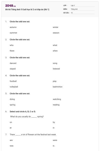 Đề thi Tiếng Anh 5 Cuối học kì 2 có đáp án (Đề 1)