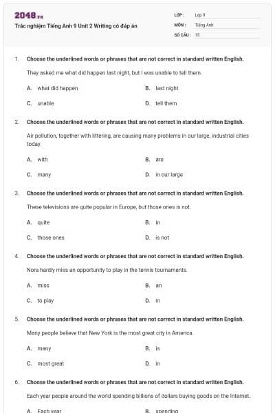 Trắc nghiệm Tiếng Anh 9 Unit 2 Writing có đáp án