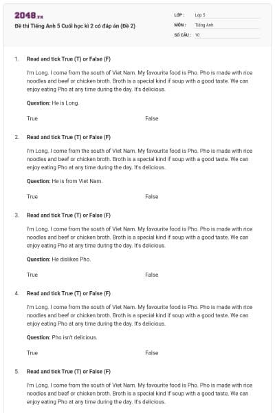 Đề thi Tiếng Anh 5 Cuối học kì 2 có đáp án (Đề 2)