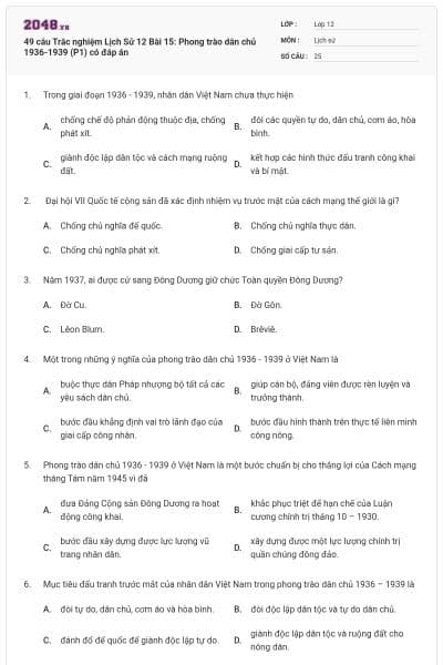 49 câu Trắc nghiệm Lịch Sử 12 Bài 15: Phong trào dân chủ 1936-1939 (P1) có đáp án