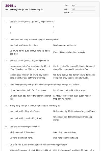 Bài tập Động cơ điện một chiều có đáp án