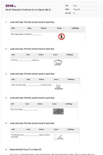 Đề thi Tiếng Anh 5 Cuối học kì 2 có đáp án (Đề 2)