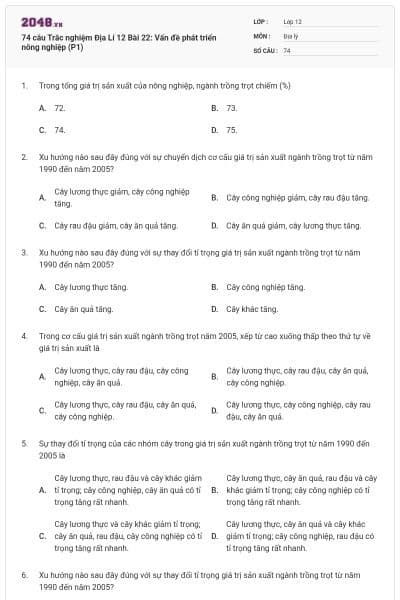 74 câu Trắc nghiệm Địa Lí 12 Bài 22: Vấn đề phát triển nông nghiệp (P1)