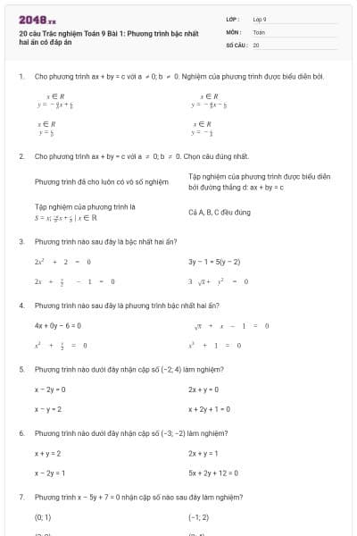 20 câu Trắc nghiệm Toán 9 Bài 1: Phương trình bậc nhất hai ẩn có đáp án