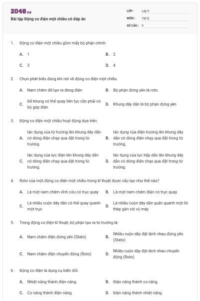 Bài tập Động cơ điện một chiều có đáp án