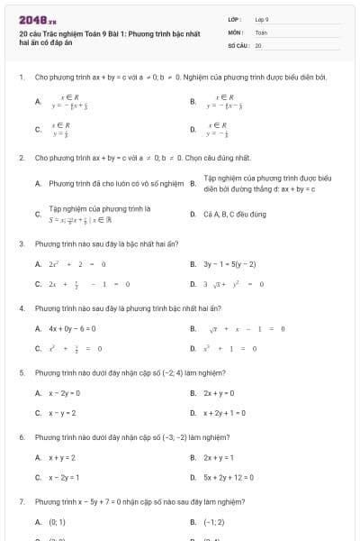 20 câu Trắc nghiệm Toán 9 Bài 1: Phương trình bậc nhất hai ẩn có đáp án