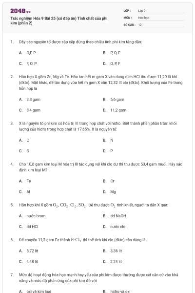 Trắc nghiệm Hóa 9 Bài 25 (có đáp án) Tính chất của phi kim (phần 2)