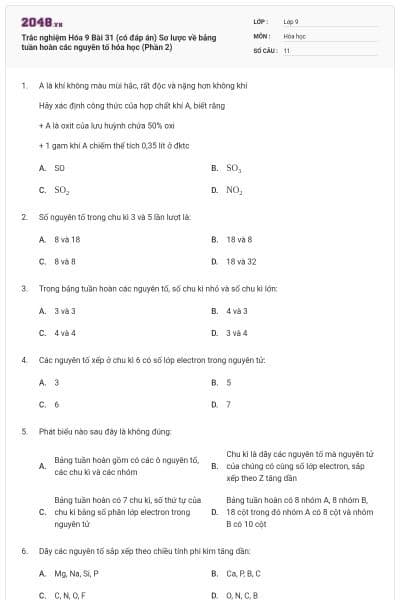 Trắc nghiệm Hóa 9 Bài 31 (có đáp án) Sơ lược về bảng tuần hoàn các nguyên tố hóa học (Phần 2)