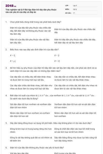 Trắc nghiệm vật lý 9 Bài tập điện trở dây dẫn phụ thuộc vào các yếu tố của dây có đáp án