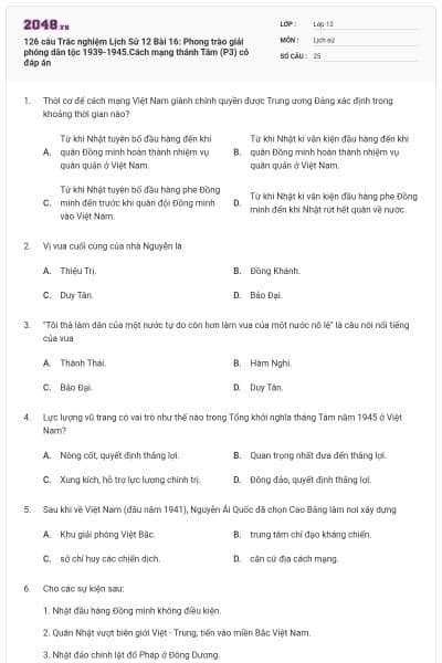 126 câu  Trắc nghiệm Lịch Sử 12 Bài 16: Phong trào giải phóng dân tộc 1939-1945.Cách mạng thánh Tám (P3) có đáp án