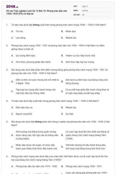 49 câu Trắc nghiệm Lịch Sử 12 Bài 15: Phong trào dân chủ 1936-1939 (P2) có đáp án